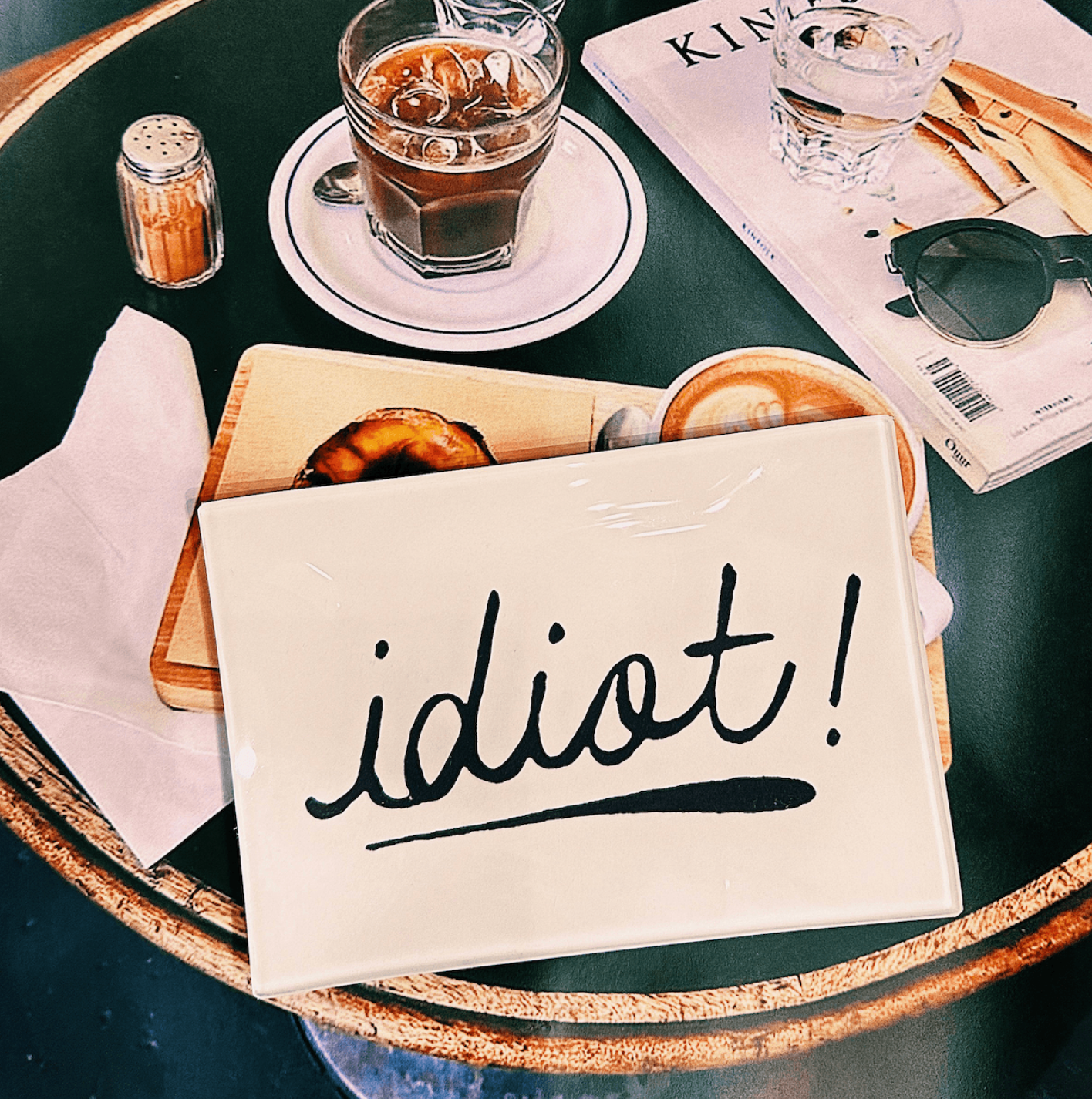 Idiot! Script Decoupage Glass Tray: 5"X 8"