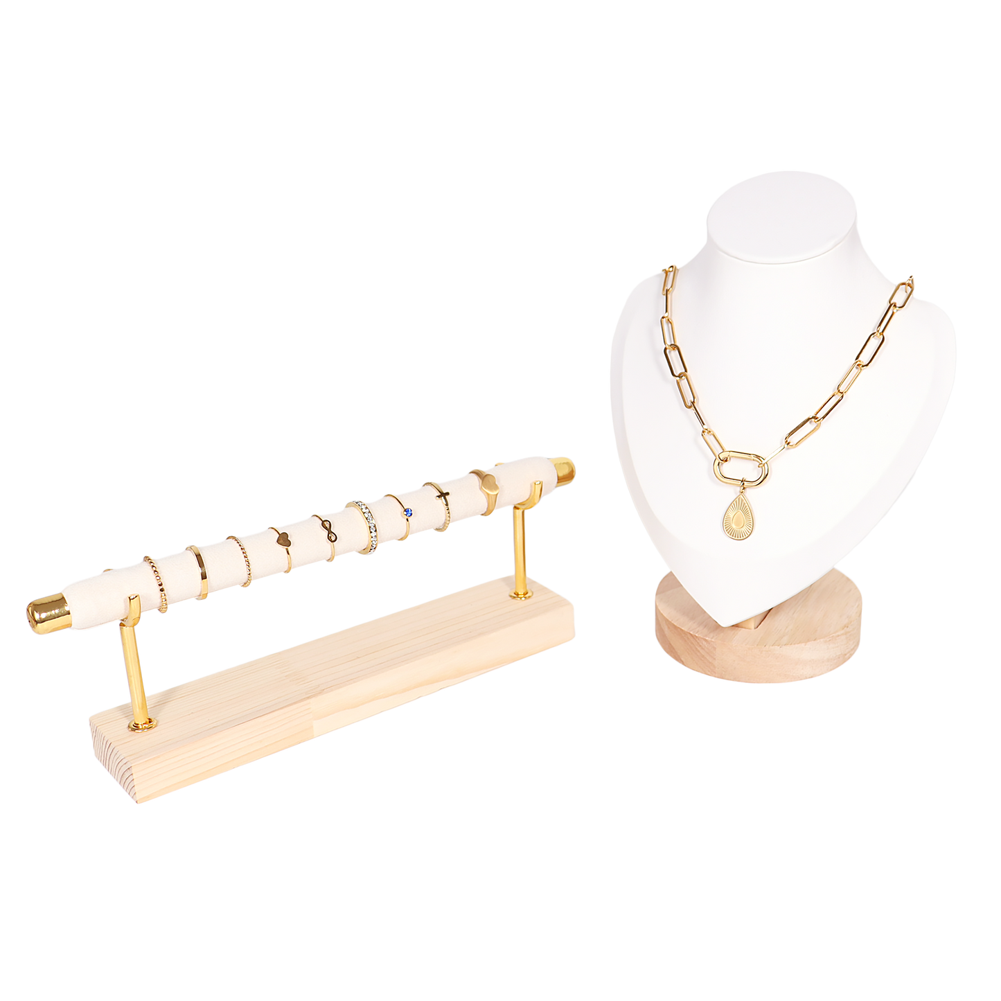 Natural Wood & Leather Necklace Display: White / Medium