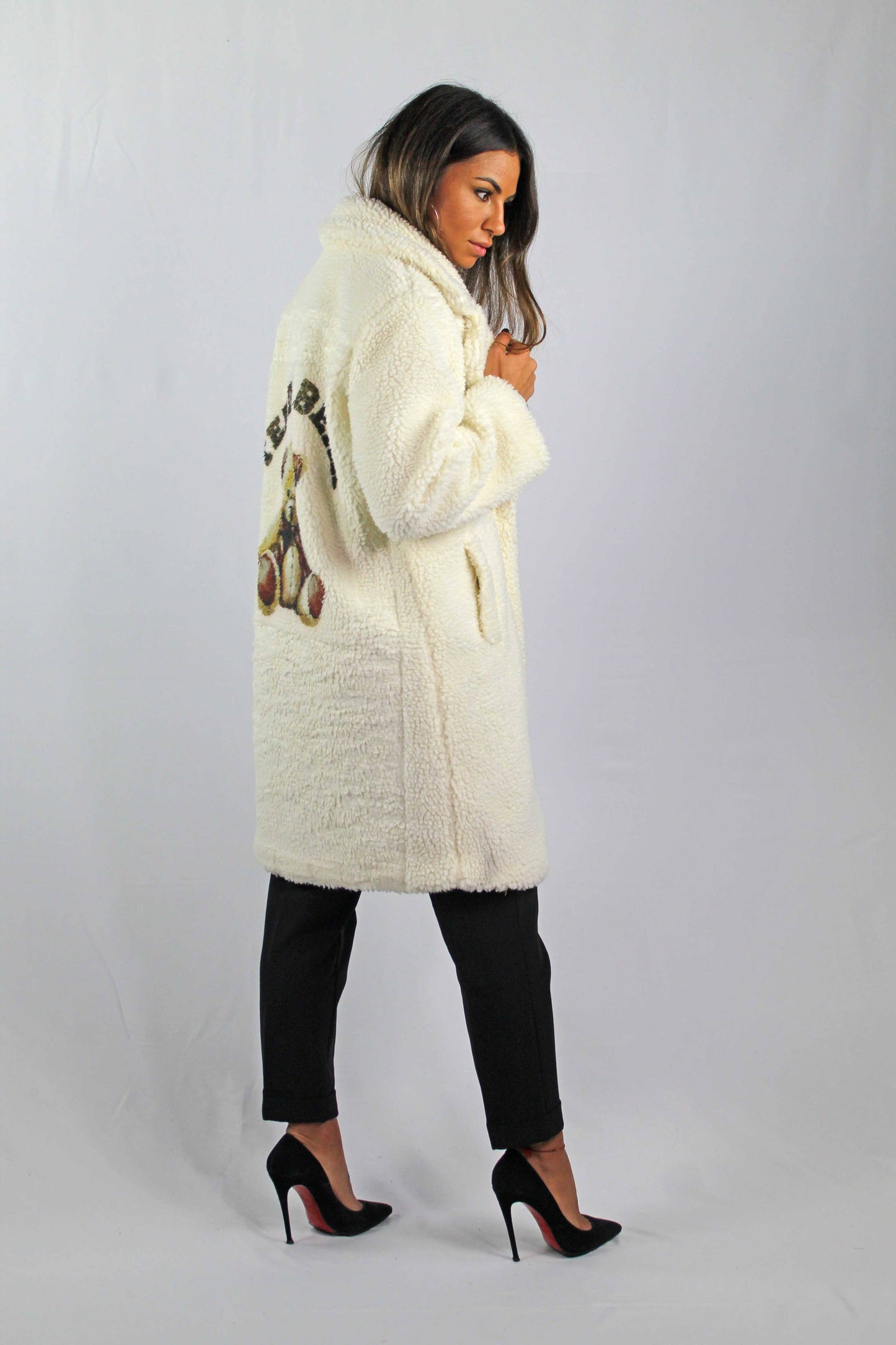 TEDDY BEAR PLUSH WINTER COAT WITH TEDDY BEAR PRINT: Beige