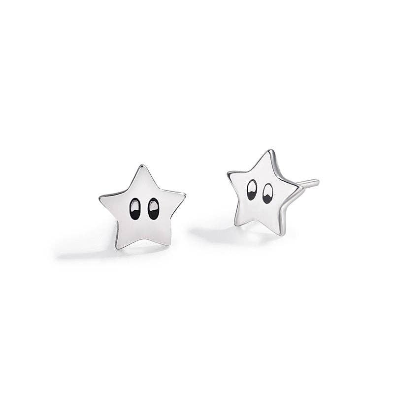 Dainty Cute Star Eyes Stud Earrings in 925 Sterling Silver: Silver Earplugs