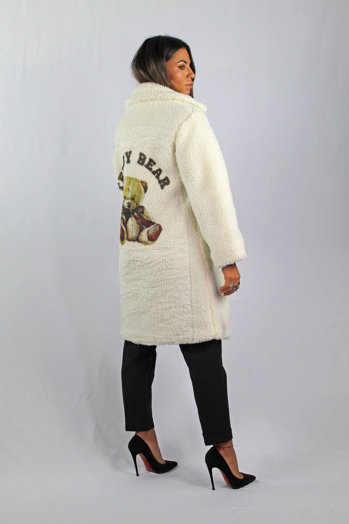 TEDDY BEAR PLUSH WINTER COAT WITH TEDDY BEAR PRINT: Beige