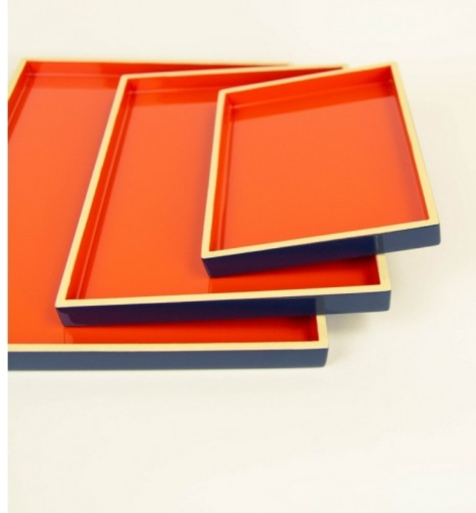 Orange, Dark Blue, Grey Lacquer Trays Set of 3