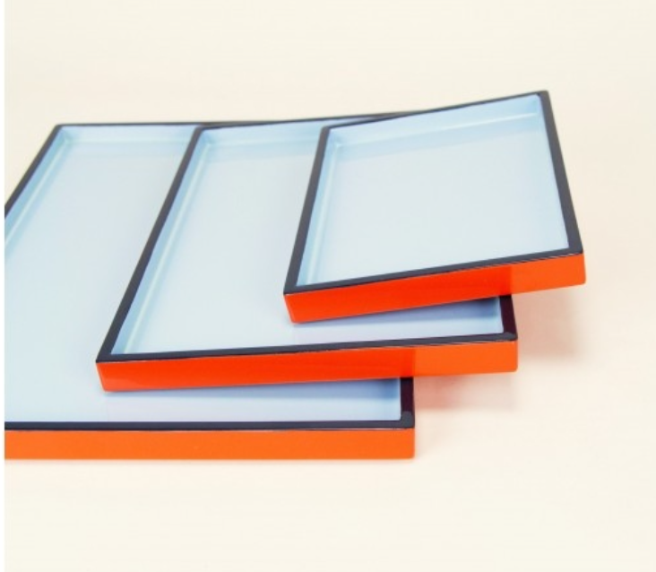 Lavender Blue, Orange, Dark Blue Lacquer Trays Set of 3