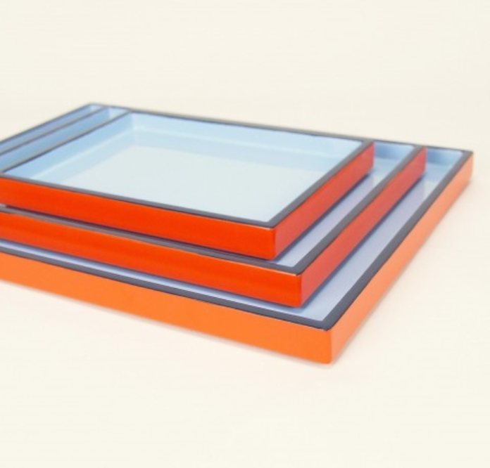 Lavender Blue, Orange, Dark Blue Lacquer Trays Set of 3