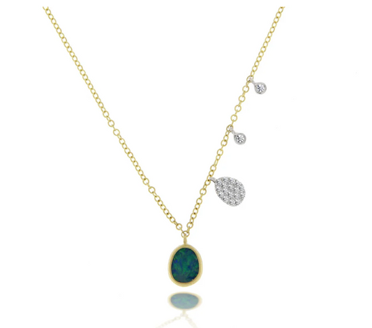 Yellow Gold Opal Necklace with Diamond Side charm