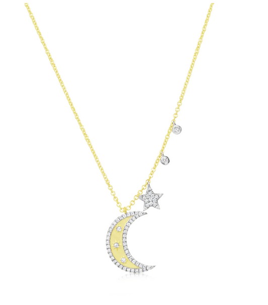 Yellow Gold Diamond Moon and Star Necklace