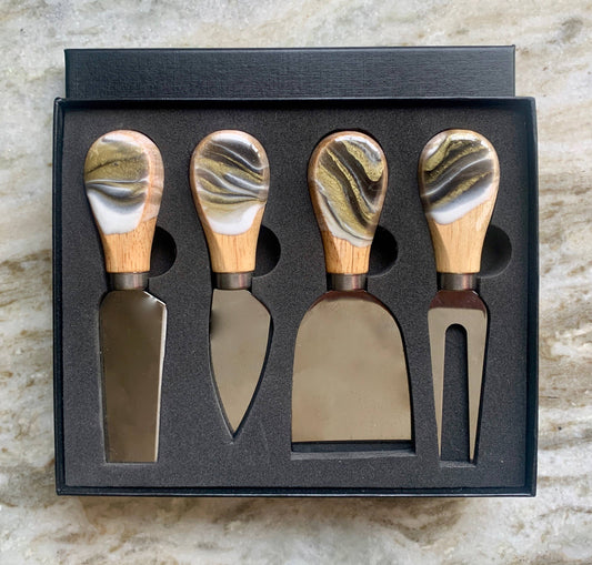 Cheese Utensil Set of 6 with black box organic resin: Black/White/Gold