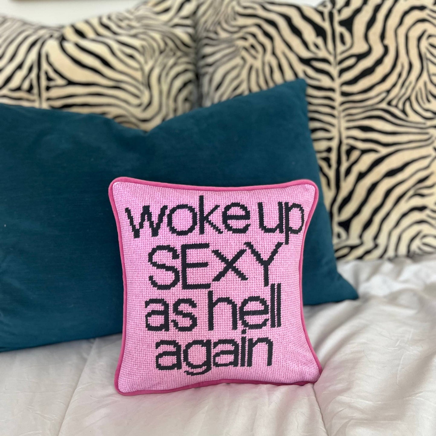 Velvet "Woke Up Sexy As Hell Again" f/d custom made pillow: Pink