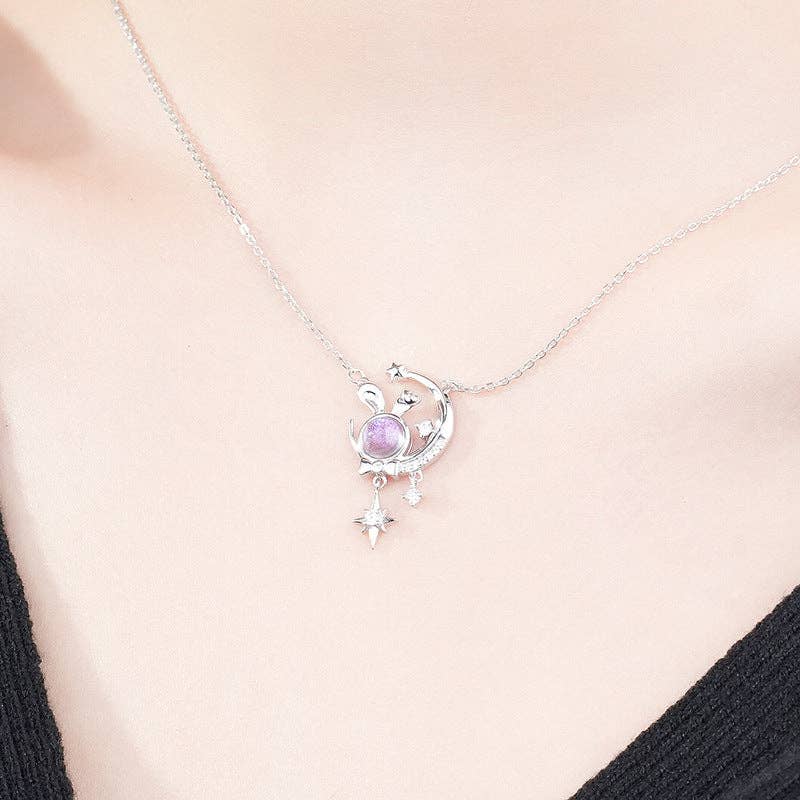 Moon Star Bunny Rabbit Opal Necklace in 925 Sterling Silver