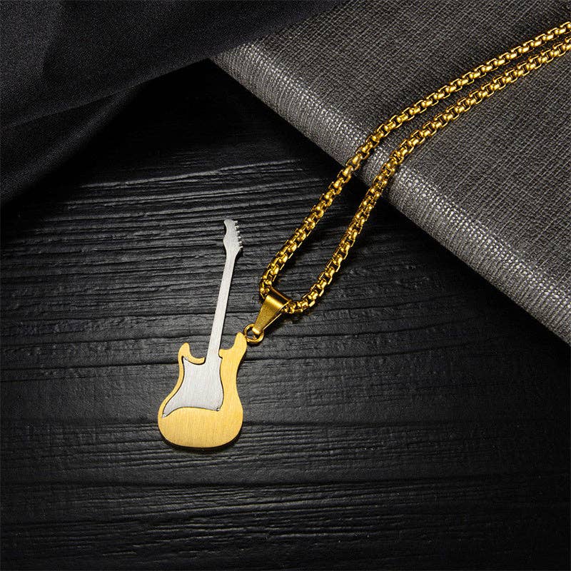 Classic Guitar Charm Pendant Necklace in Stainless Steel: Black / 70cm  Chain