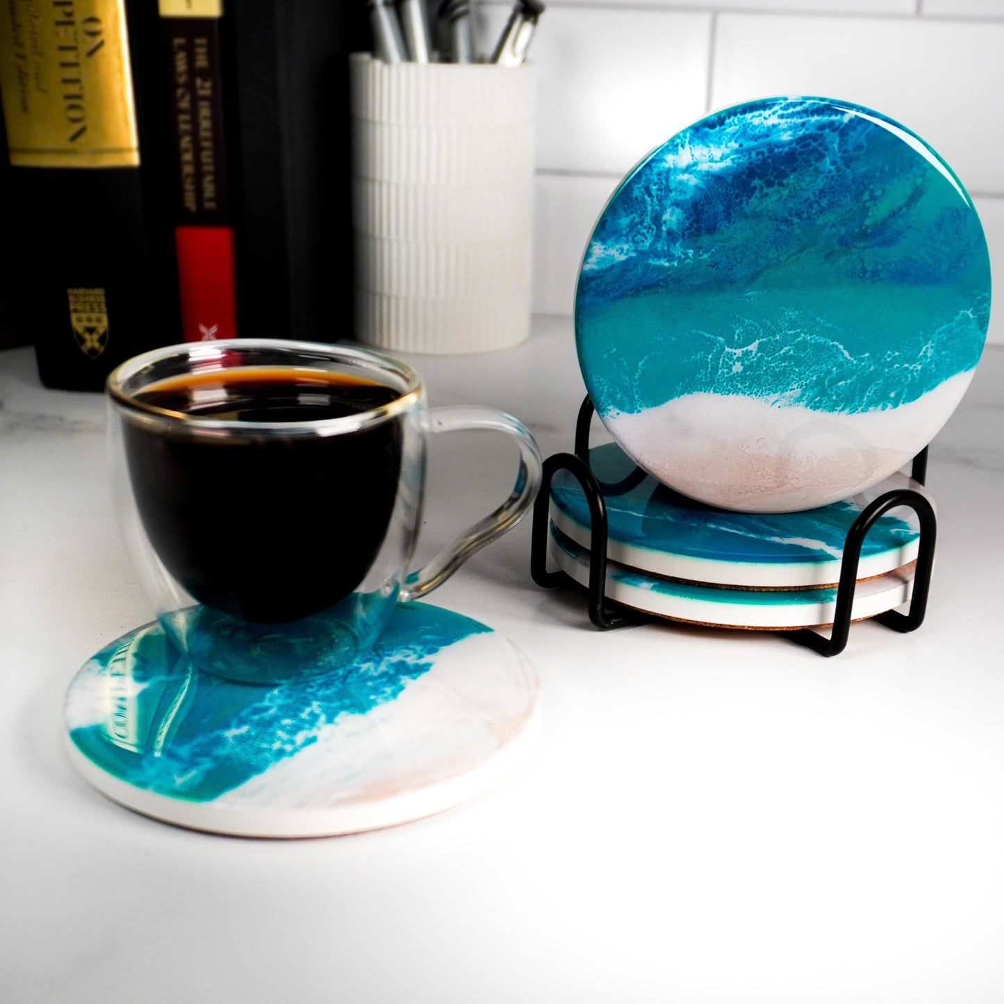 Ceramic Resin Coasters: Ocean Vibes S/4