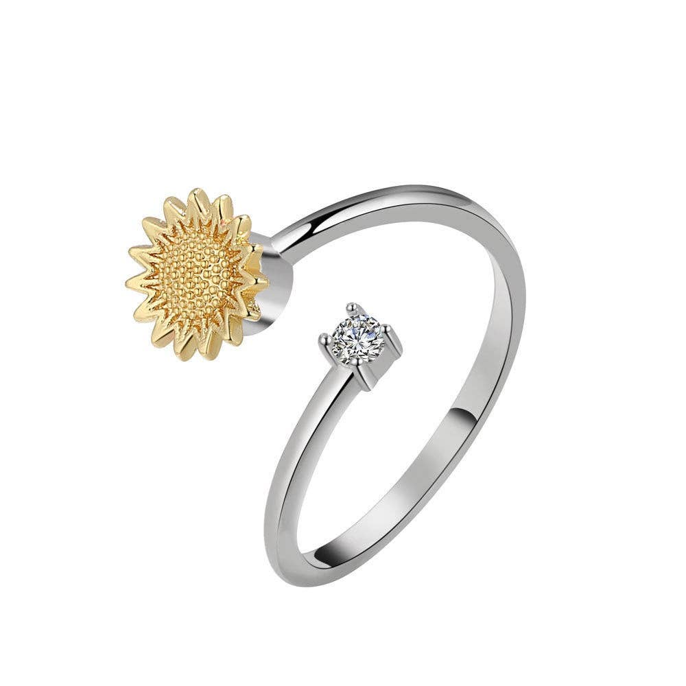 Sunflower Anxiety Fidget Spinner Ring in 925 Sterling Silver: Gold / Sterling Silver