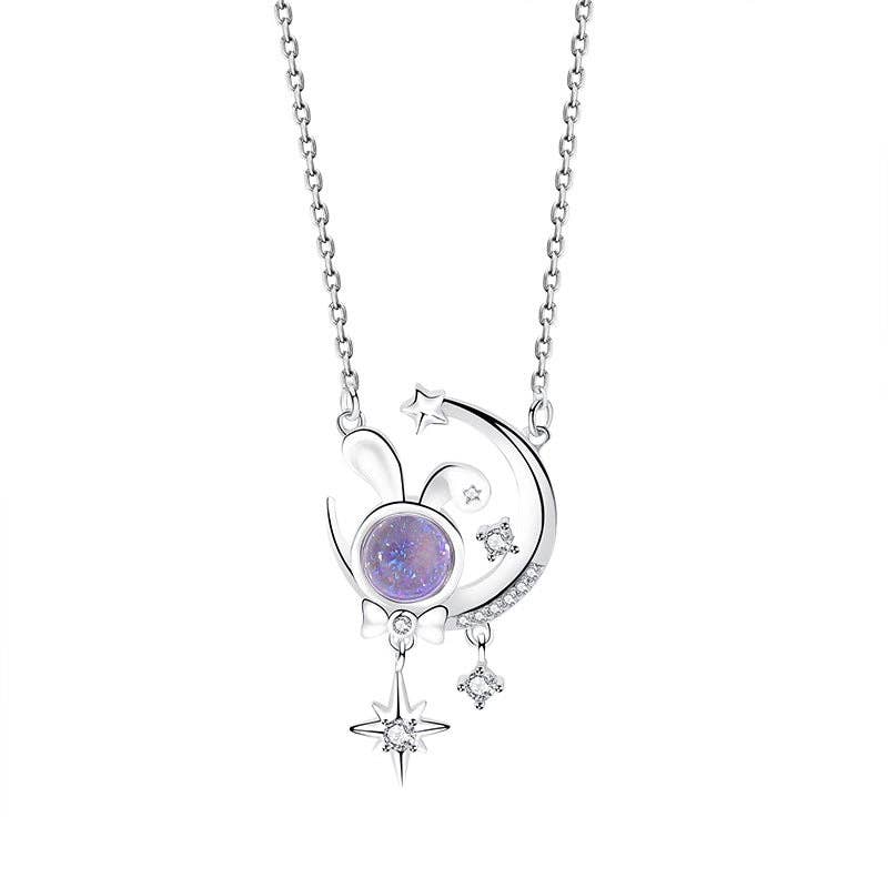 Moon Star Bunny Rabbit Opal Necklace in 925 Sterling Silver