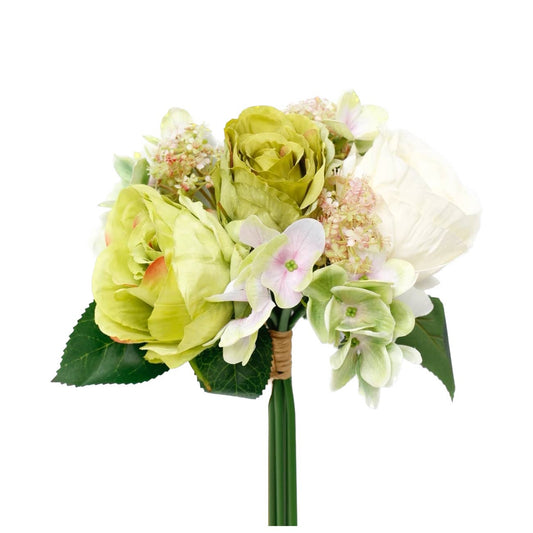 12"-Rose Hydrangea Pre-tied bouquet Faux Flowers: Green Ivory