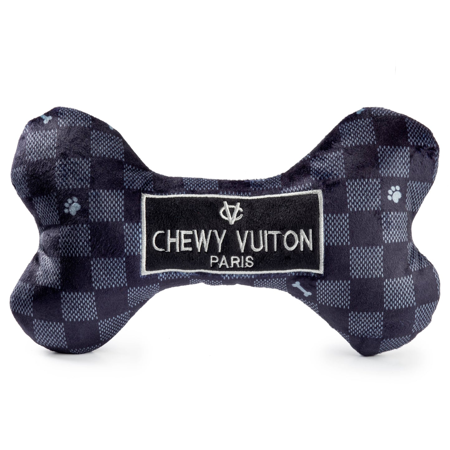 Black Checker Chewy Vuiton Bone Squeaker Dog Toy: Small