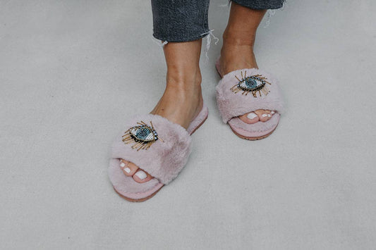 BEADED EVIL EYE SLIPPERS: Pink / Large (9-10)