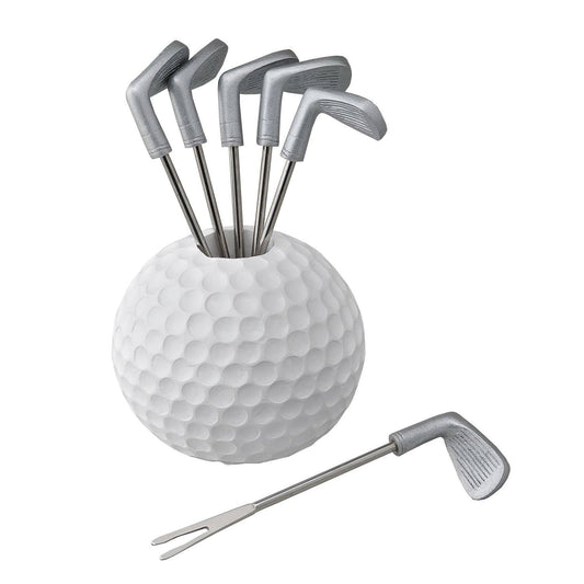 6-Piece Golf Cocktail Pick with Holder: Stainless Steel Fork & Hand Painted Resin / Holder-3" W x 2 3/4" H; Pick-4 1/4" L