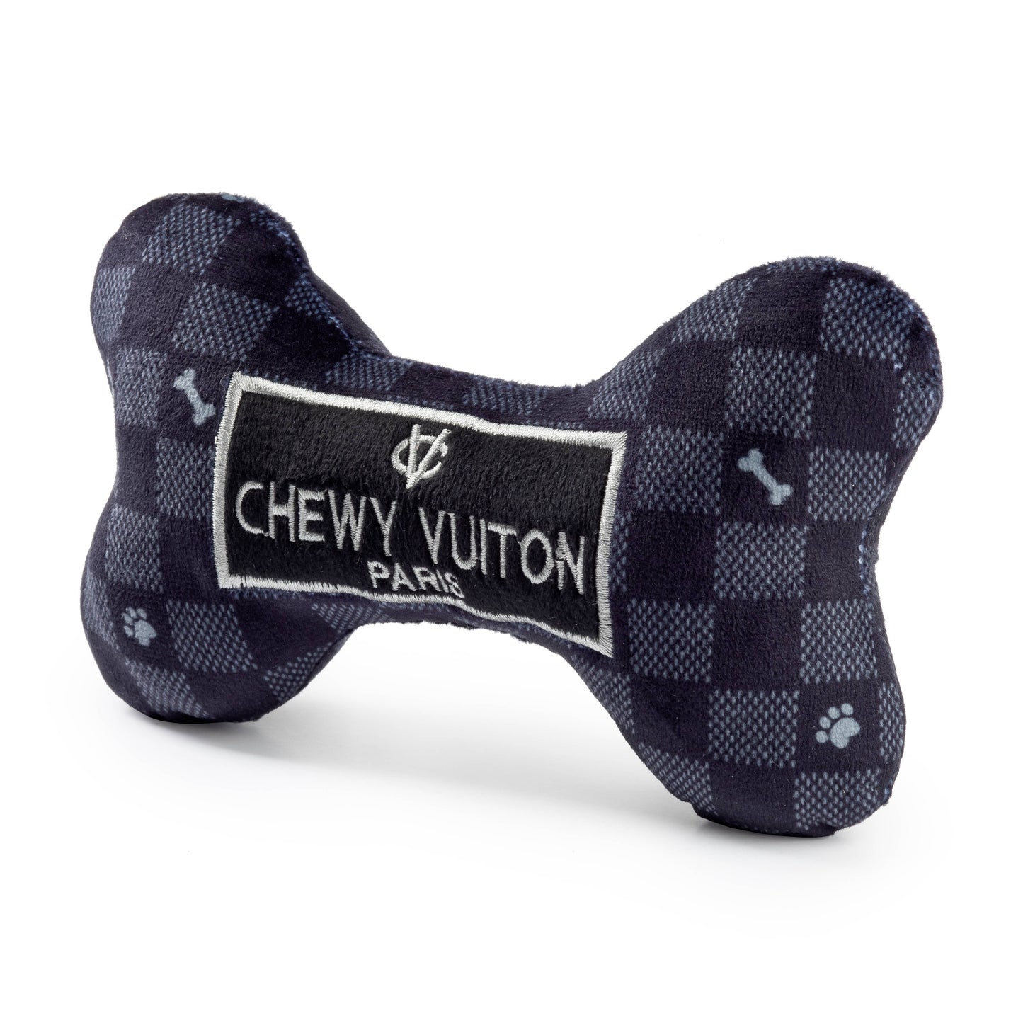 Black Checker Chewy Vuiton Bone Squeaker Dog Toy: Small