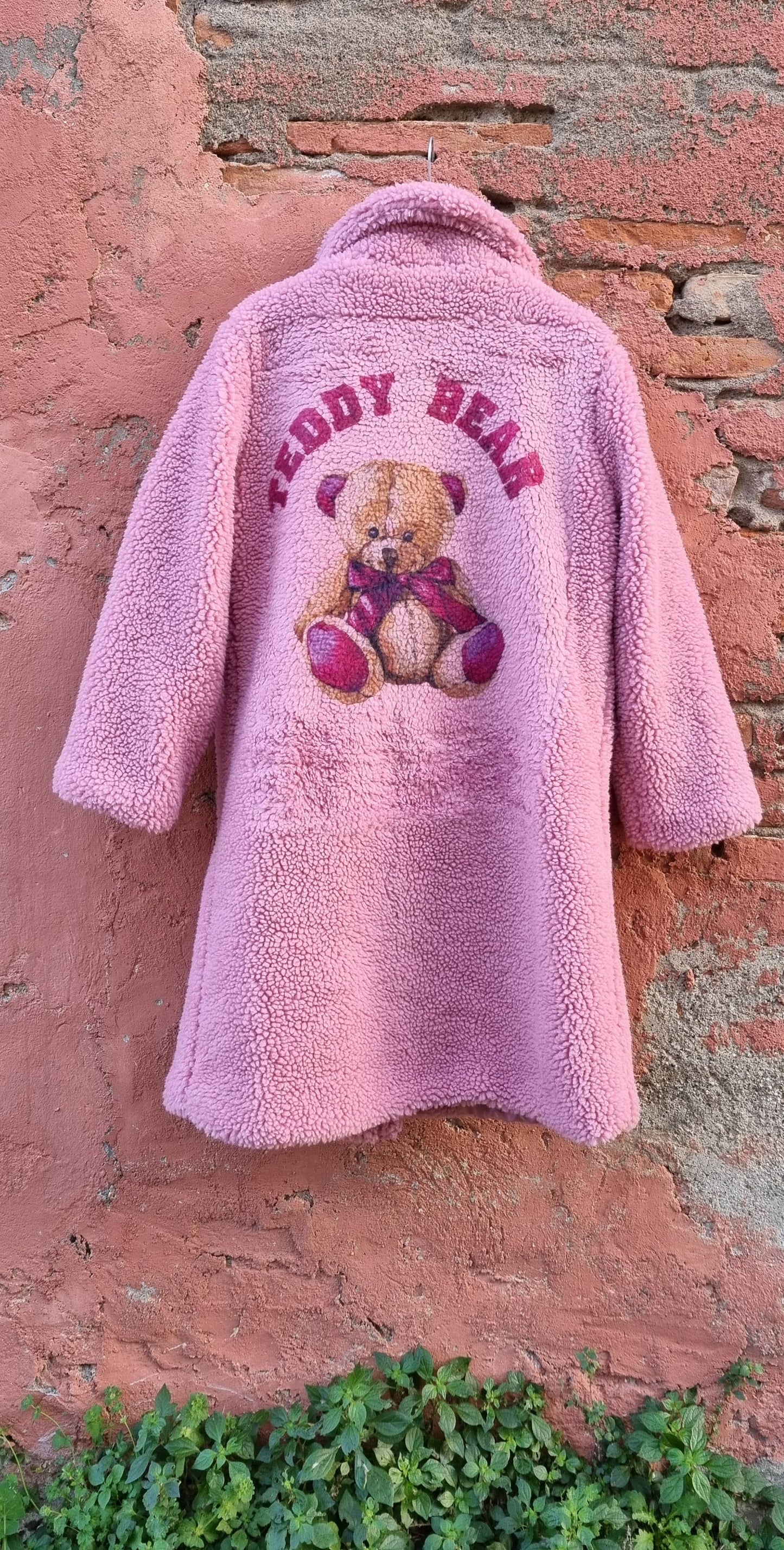 TEDDY BEAR PLUSH WINTER COAT WITH TEDDY BEAR PRINT: Rose