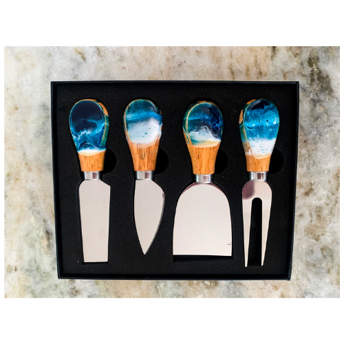 Cheese Utensil Set of 4 with black box organic resin poured: Navy/gold/white