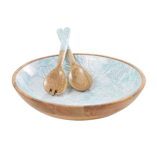 Blue or Cream Mango Wood Handmade Decorative Bowl Set of 3: Light Blue