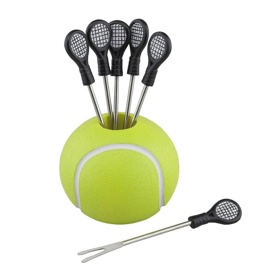 6-Piece Tennis Cocktail Pick with Holder: Stainless Steel Fork & Hand Painted Resin / Holder-3" W x 2 3/4" H; Pick-4 1/4" L