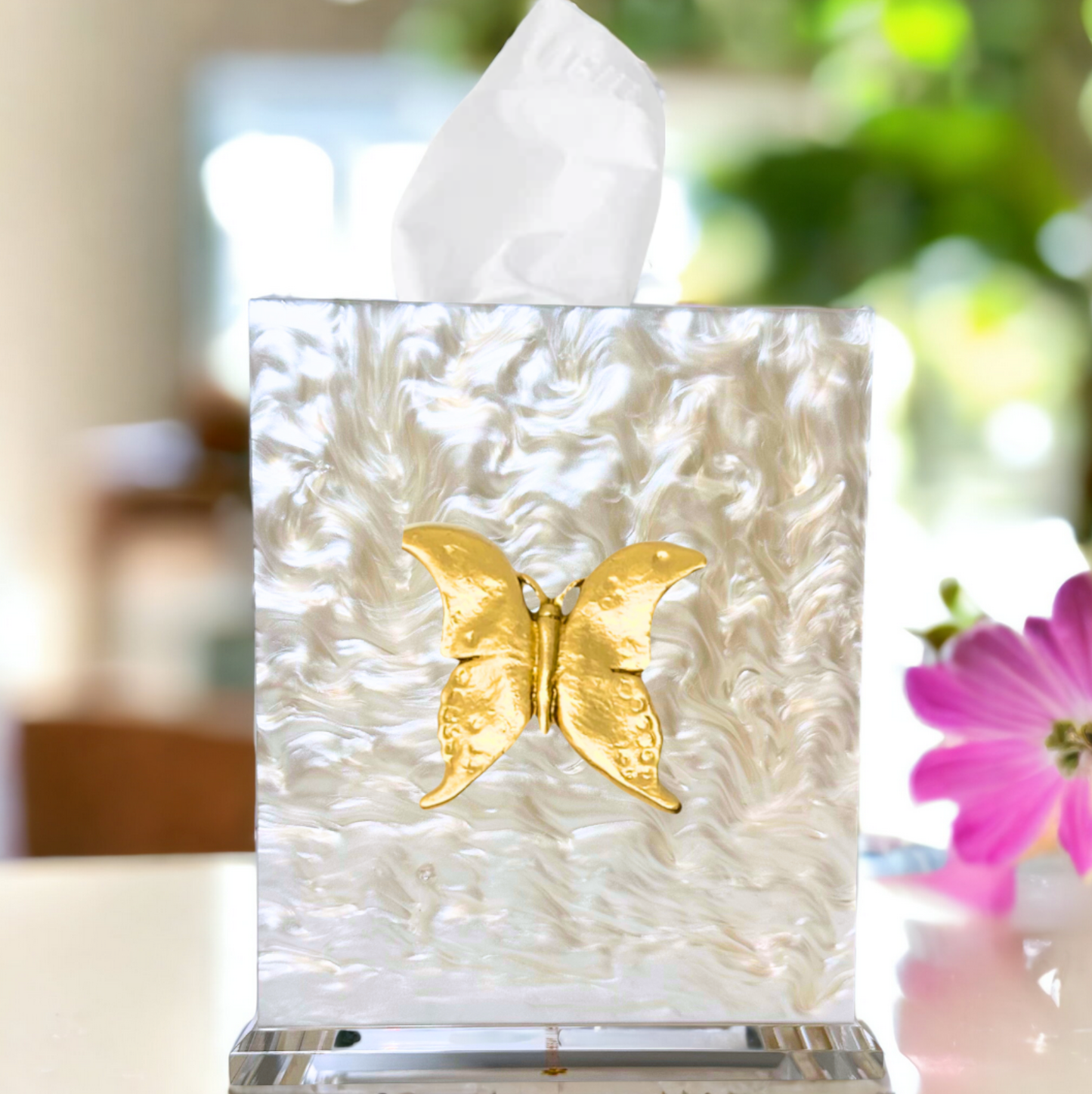 Butterfly 2 Boutique Tissue Box Cover: Pearl