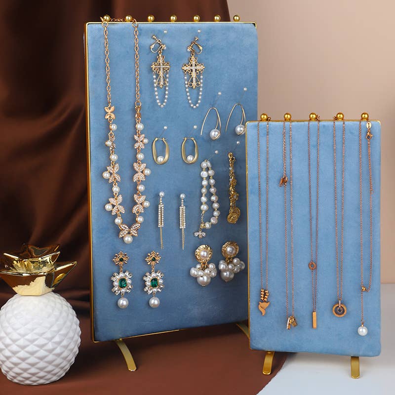 Vintage Inspired 2-Sided Velvet Jewelry Display Panel Stand: Large / Blue (Reversible)