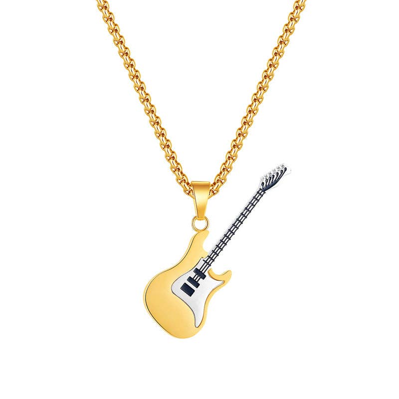 Classic Guitar Charm Pendant Necklace in Stainless Steel: Black / 70cm  Chain