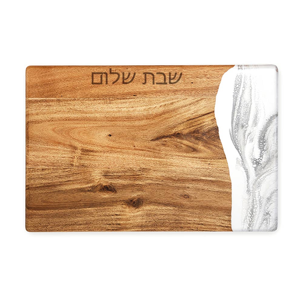 Acacia Judaica Shabbat Shalom Challah Board - Hebrew: Caribbean Blue