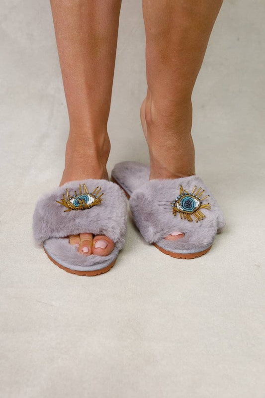 BEADED EVIL EYE SLIPPERS: Grey / Medium (7-8)