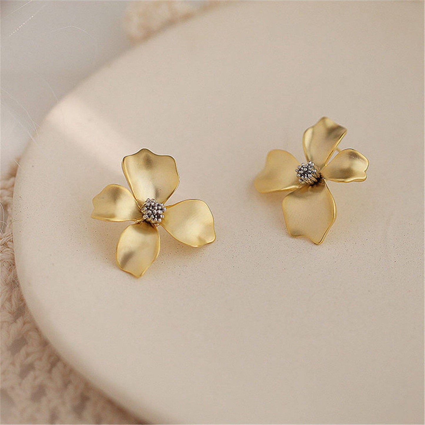 Gold Flower Petal Silver Post Stud Earrings in Solid Copper