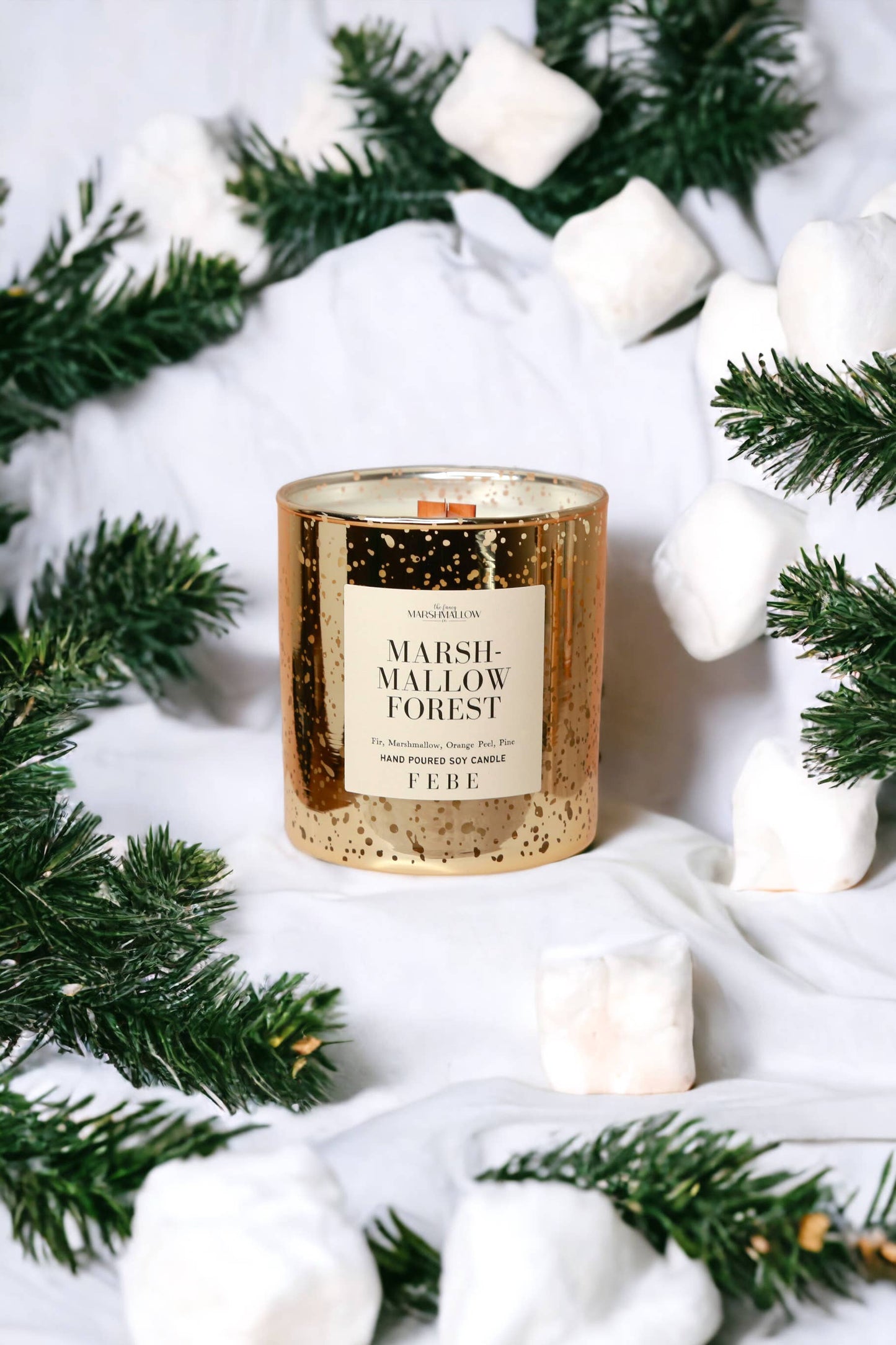 Marshmallow Forest- Vanilla + Pine 10oz Gold Glass Candle