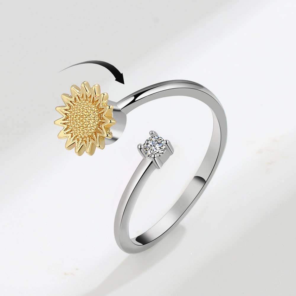 Sunflower Anxiety Fidget Spinner Ring in 925 Sterling Silver: Gold / Sterling Silver