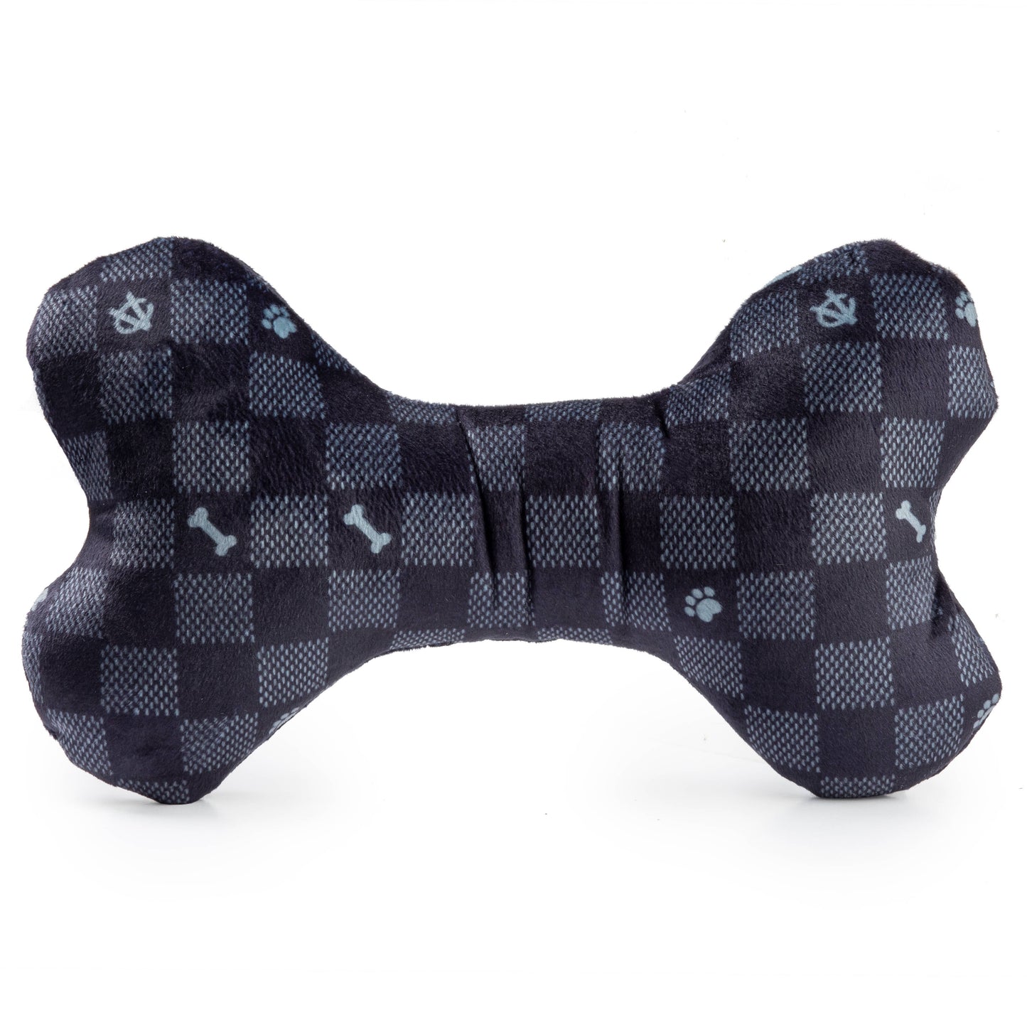 Black Checker Chewy Vuiton Bone Squeaker Dog Toy: Small