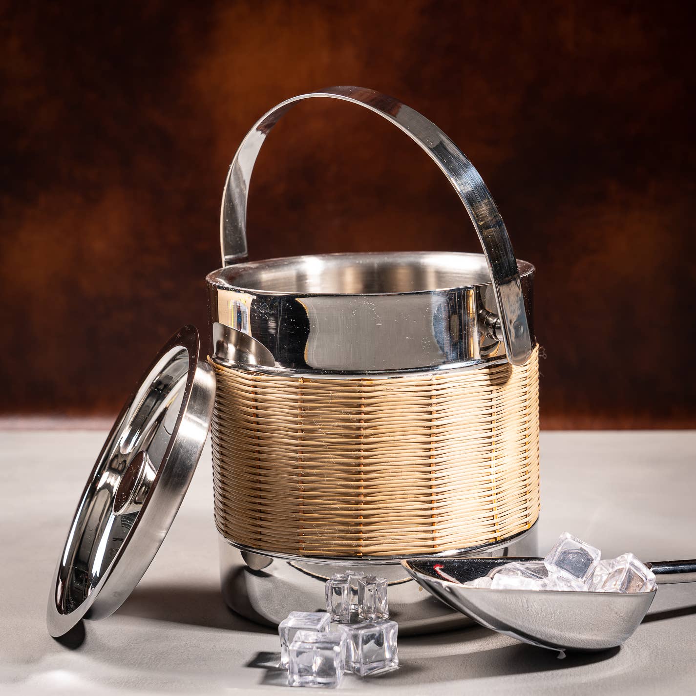 Woven Rattan Stainless Steel Double-Wall Ice Bucket w/ Lid