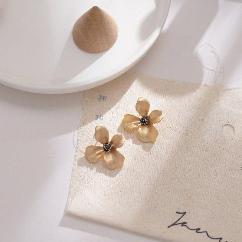 Gold Flower Petal Silver Post Stud Earrings in Solid Copper