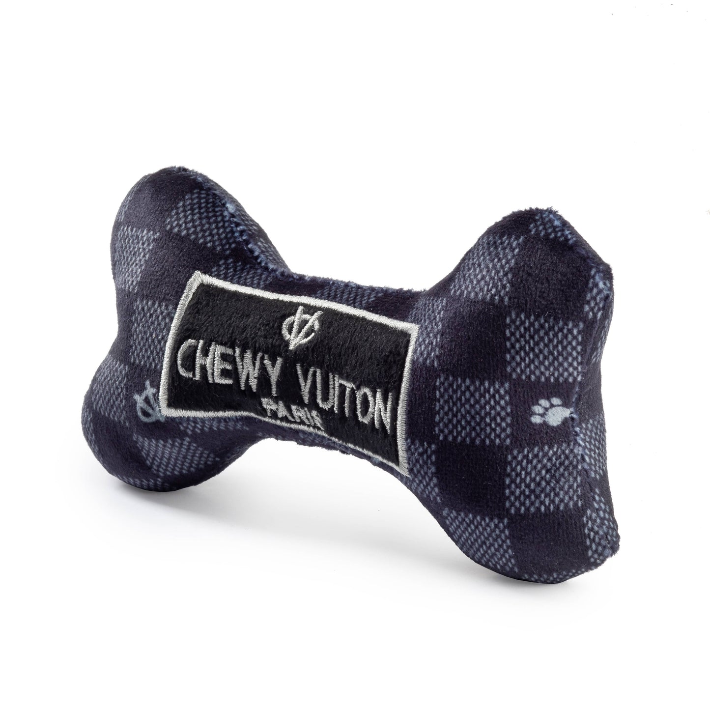 Black Checker Chewy Vuiton Bone Squeaker Dog Toy: Small