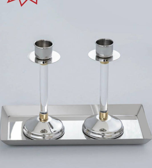 Set of 2 Stainless Steel Candlesticks Acrylic Stemmed with T