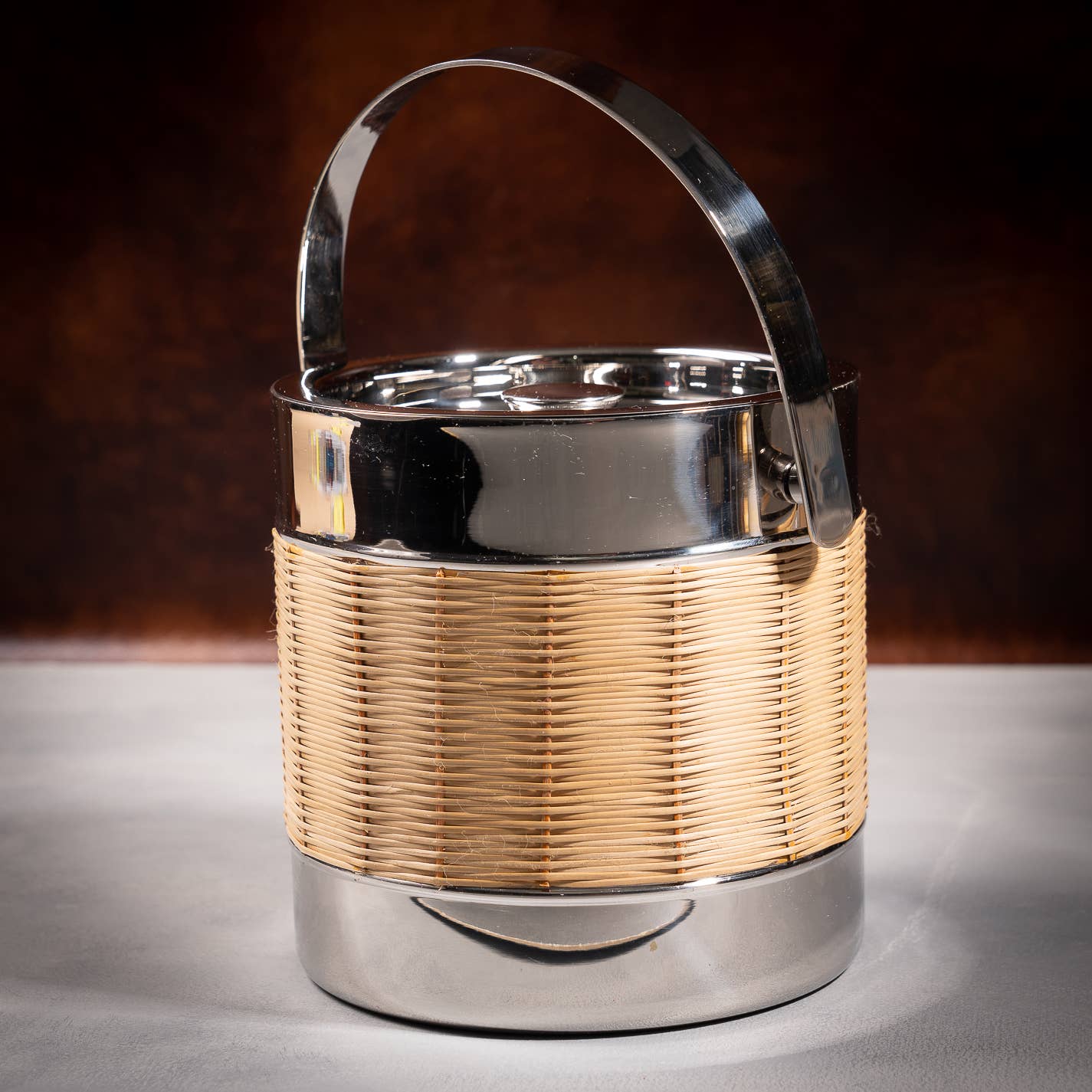 Woven Rattan Stainless Steel Double-Wall Ice Bucket w/ Lid