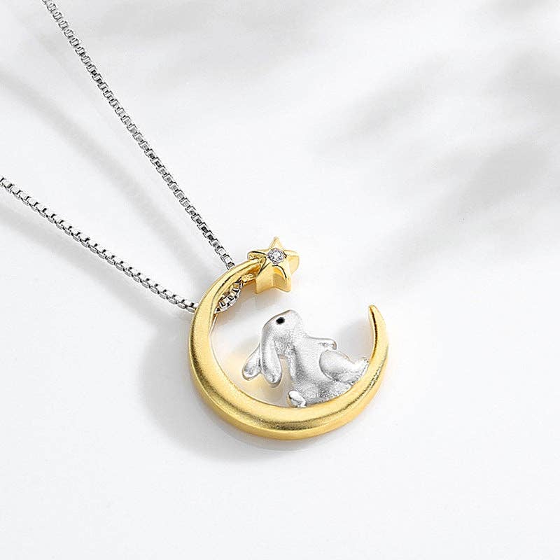 Gold Moon Star Bunny Rabbit Necklace in 925 Sterling Silver