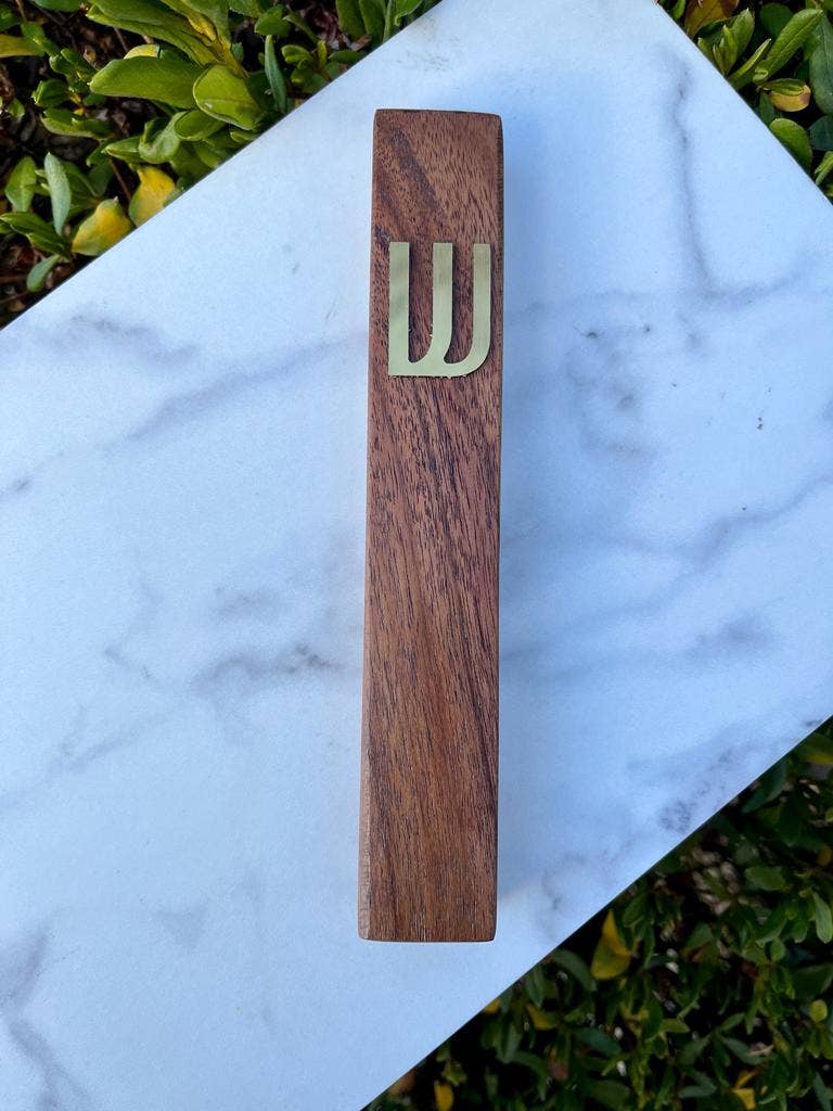 Walnut Wood + Gold Shin Mezuzah 7"