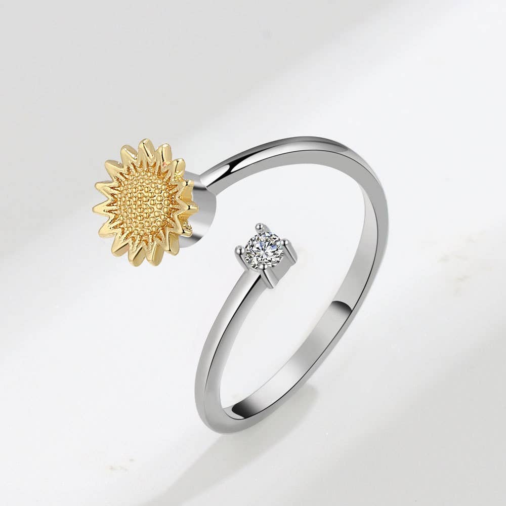 Sunflower Anxiety Fidget Spinner Ring in 925 Sterling Silver: Gold / Sterling Silver