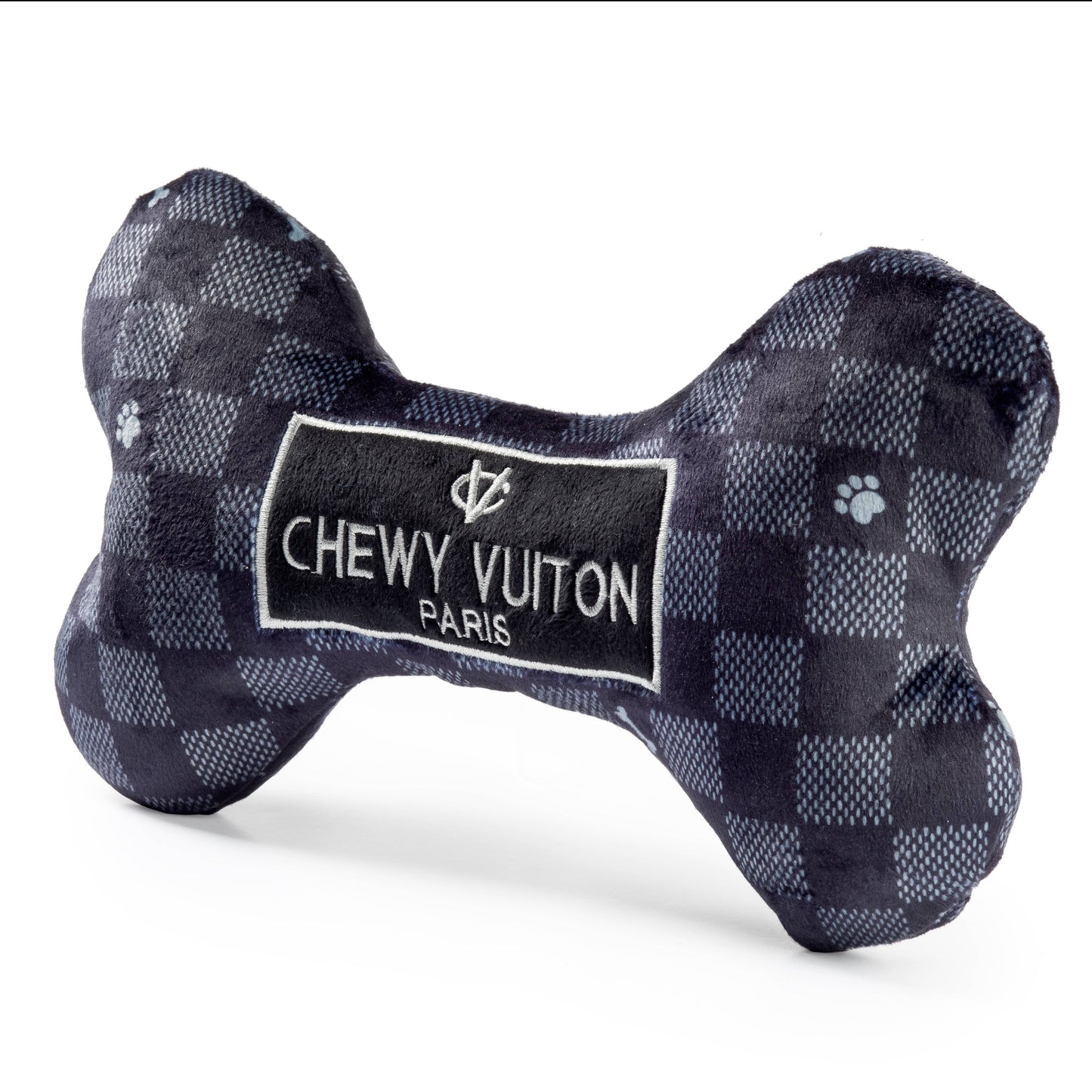 Black Checker Chewy Vuiton Bone Squeaker Dog Toy: Small