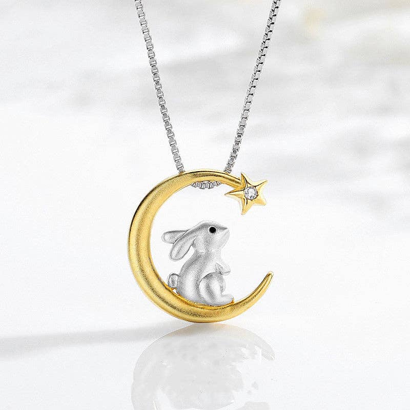 Gold Moon Star Bunny Rabbit Necklace in 925 Sterling Silver