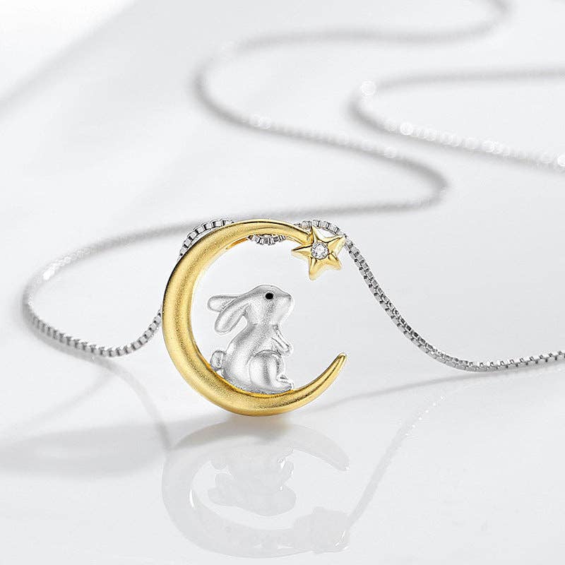 Gold Moon Star Bunny Rabbit Necklace in 925 Sterling Silver