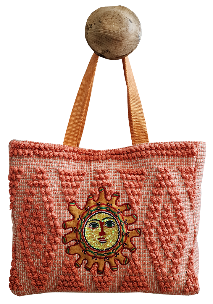 Raggi di Sole Beach Tote in Coral with Hand Embroidered Sun