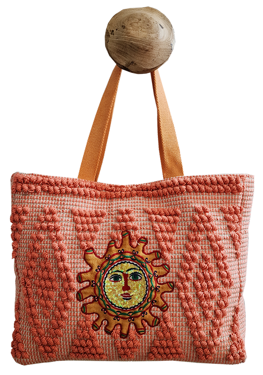 Raggi di Sole Beach Tote in Coral with Hand Embroidered Sun