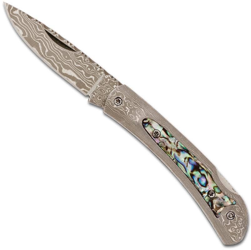 Santa Fe Stoneworks - Damascus Pocket Knife with Abalone Inlay