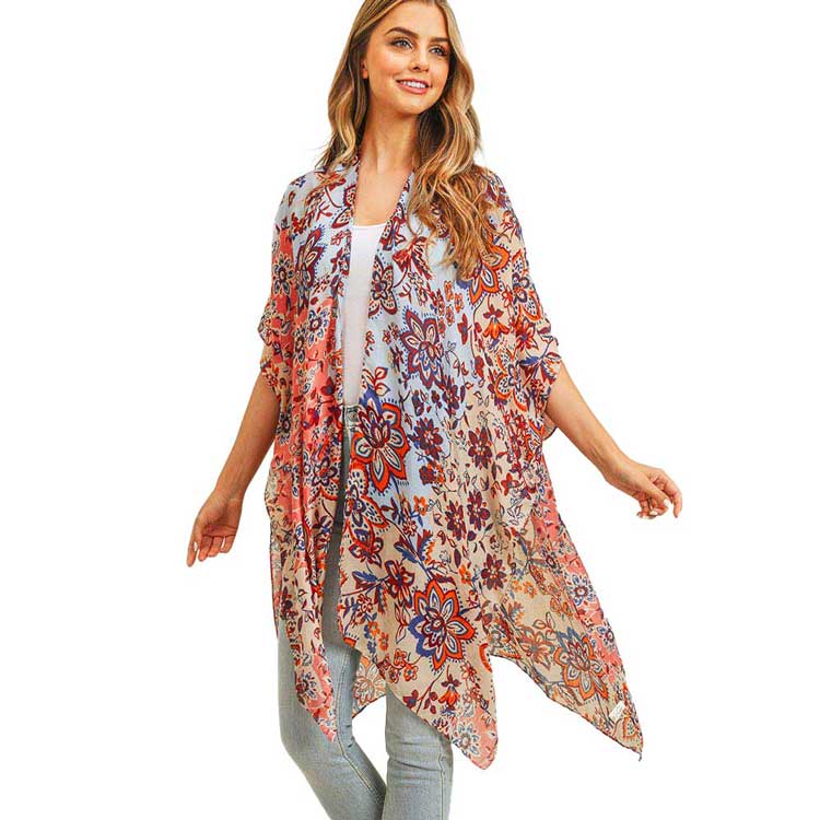 Multi Flower Patterned Cover Up Kimono Poncho